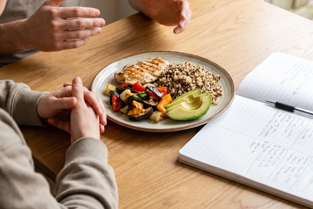 A coach talking a client through a balanced plate, with a written eating plan open on the table
