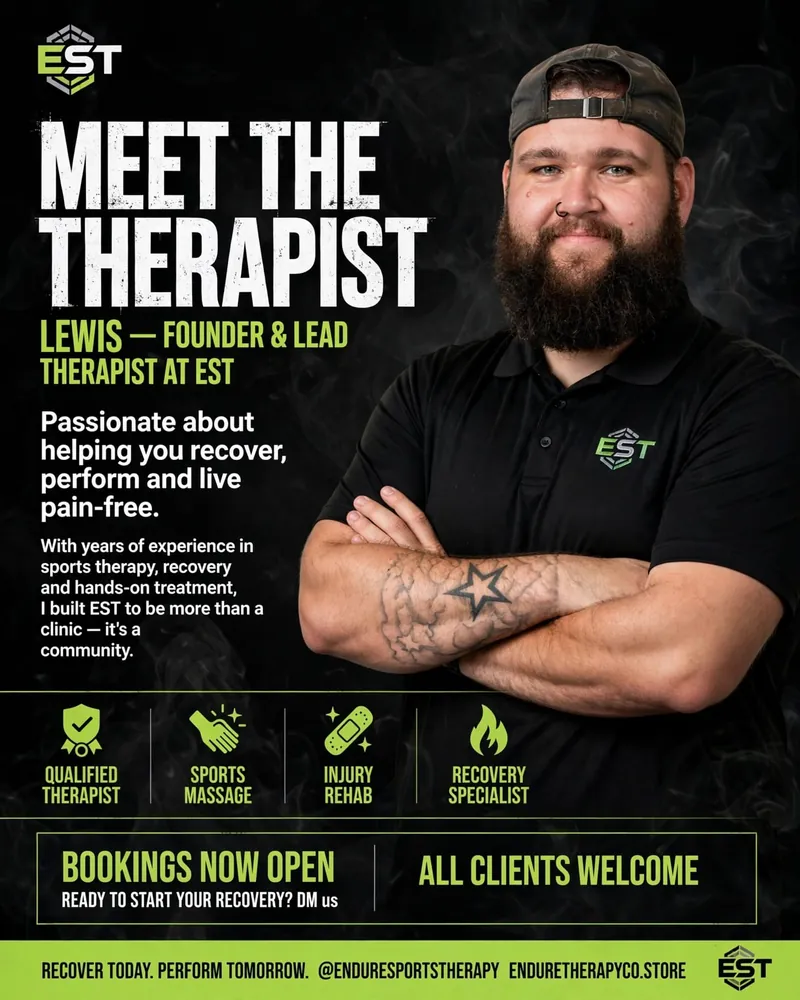 Lewis Davies on the launch poster for his business, Endure Sports Therapy