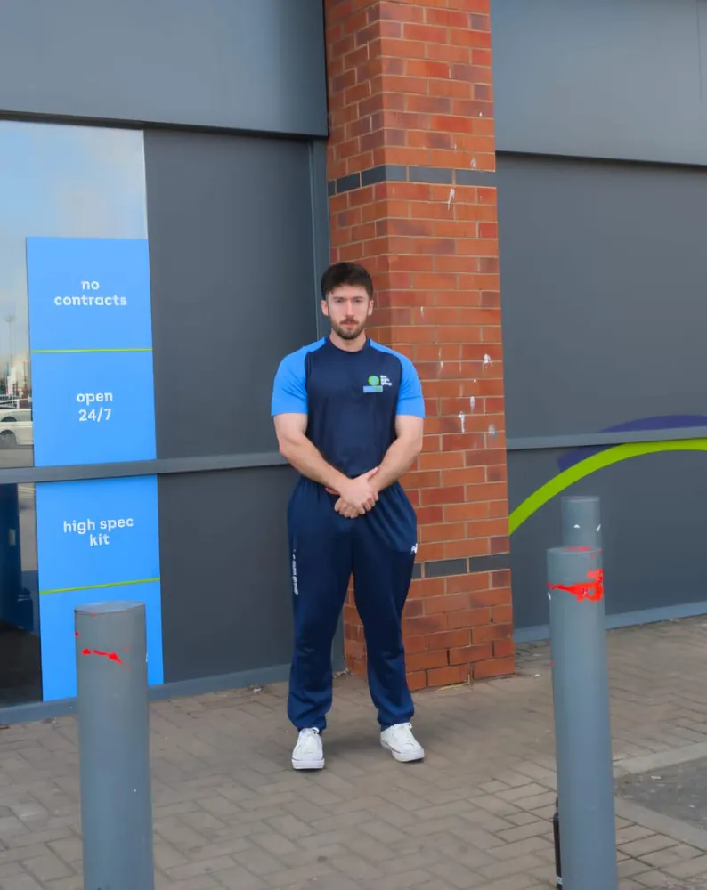 Tristan Mawer in gym uniform outside The Gym Group, Grimsby